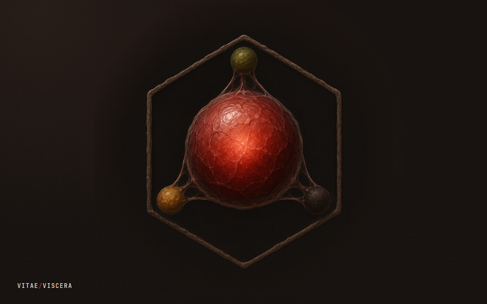 A glowing red organ suspended in a hexagonal frame, three smaller organs — green, gold and dark — tethered to it by translucent tissue